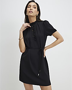 Black Frill Trim Short Sleeve Mini Dress