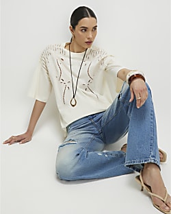 Cream Cotton Palm Broderie T-shirt
