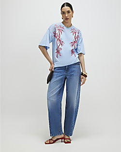 Blue Cotton Palm Cutwork Boyfriend T-Shirt