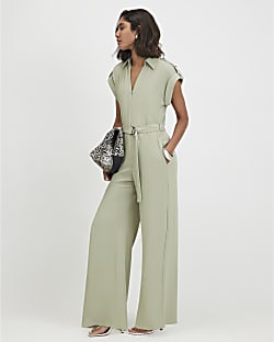 Khaki Twill Zip Front Jumpsuit