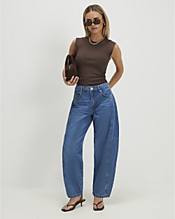 Petite Blue Soft Barrel Leg Jeans