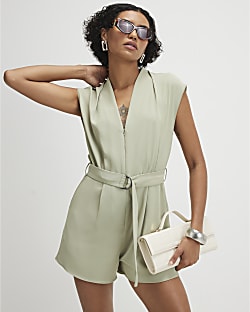 Khaki Short Sleeve Belted Playsuit