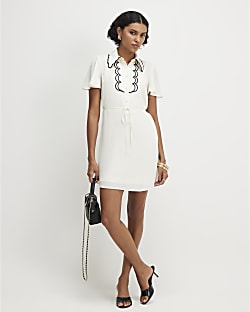 Cream Short Sleeve Scallop Trim Shirt Dress