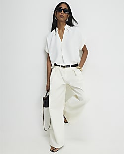 Cream Notch Neck Short Sleeve Top