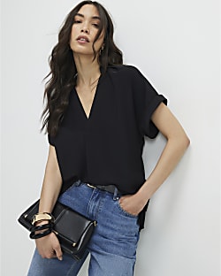 Black Notch Neck Short Sleeve Top