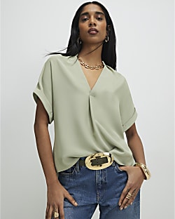 Khaki Notch Neck Short Sleeve Top