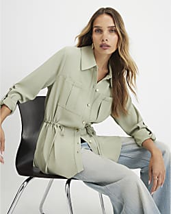 Khaki Crepe Drawstring Waist Shirt