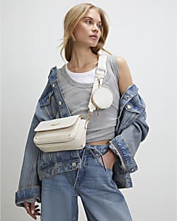 Cream Monogram Print Cross Body Bag