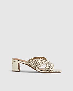 Gold Woven Block Heel Mule Sandals