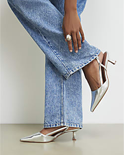 Silver Slingback Low Court Heels