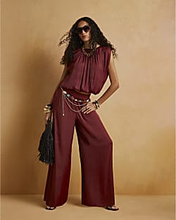 Brown Satin Elasticated Flowing Trousers