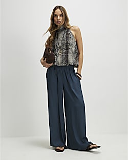 Blue Satin Elasticated Flowing Trousers