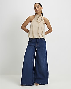 Petite Navy High Waisted Soft Wide Leg Jeans