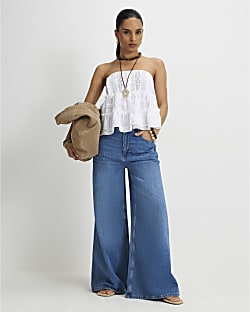 Petite Blue High Waisted Soft Wide Leg Jeans