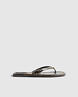 Brown Snake Print Toe Thong Flat Sandal