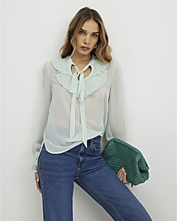 Green Tie Neck Long Sleeve Blouse