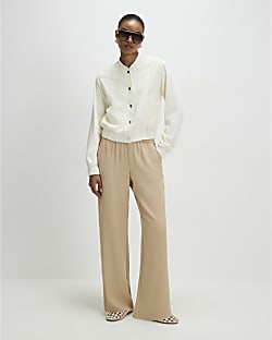 Beige Crepe Wide Leg Trousers