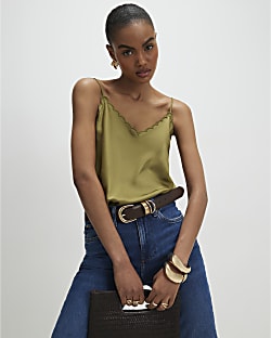 Khaki Satin Scallop Trim Cami Top