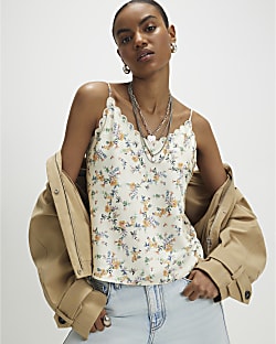 Yellow Floral Scallop Trim Cami Top