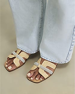 Beige Raffia H Strap Flat Sandals
