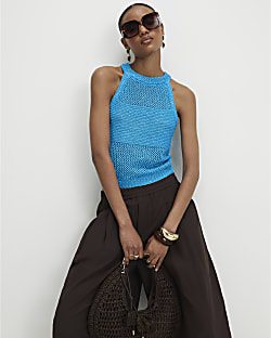 Blue Knitted Pointelle Sequin Vest Top