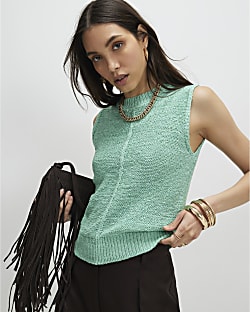 Blue Knitted Sleeveless Tank Top