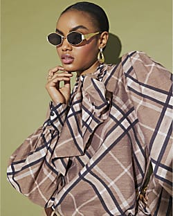 Brown Check Print Pussybow Blouse