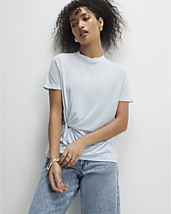 Blue Short Sleeve Burnout Twist Front T-shirt