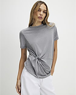 Grey Short Sleeve Burnout Twist Front T-shirt