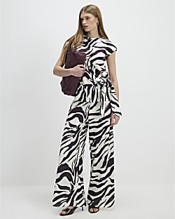 White Zebra Print Wide Leg Trousers