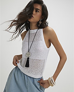 White Knitted Pointelle Sequin Vest Top