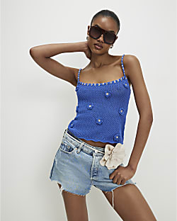 Blue Embellished Flower Knit Cami Top