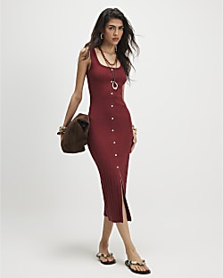 Orange Wide Rib Button Front Midi Dress