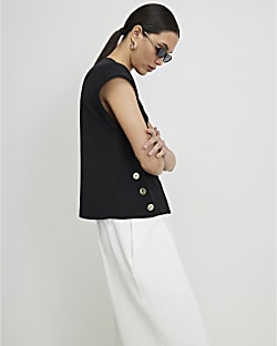 Black Short Sleeve Button Top