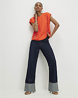 Orange Short Sleeve Button Top