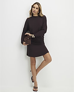 Brown Long Sleeve Cosy Mini Dress