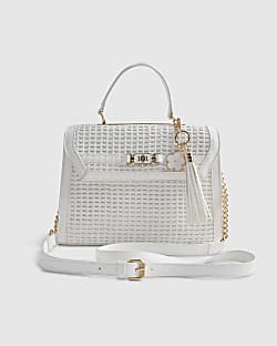 White Medium Woven Charm Tote Bag