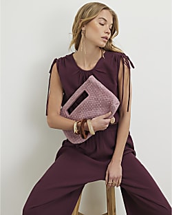Pink Suede Woven Clutch Bag