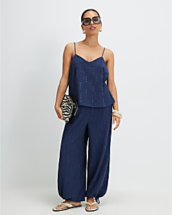 Petite Blue Hotfix Balloon Leg Trousers