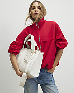 White Faux Leather Embroidered Tote Bag