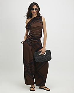 Brown Geometric Print Balloon Leg Trousers