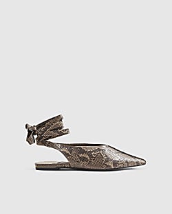 Beige Snake Ankle Tie Pointed Toe Flat Shoes