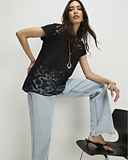Black Spliced Lace T-Shirt