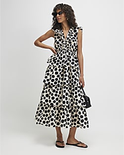 Cream Cotton Spot Print Ruffle Midi Dress