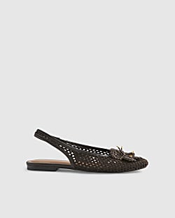 Brown Flower Crochet Flat Slingback Shoes