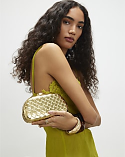 Gold Woven Hard Shell Clutch Bag