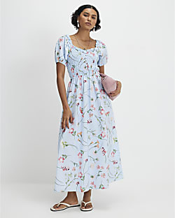 Blue Floral Shirred Midi dress