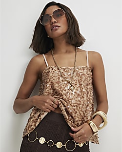 Beige Sequin Sleeveless Cami Top