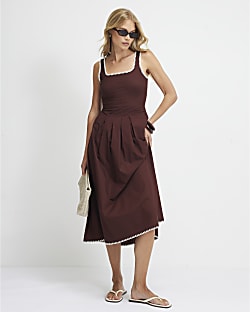 Brown Pleated Poplin Midi Dress