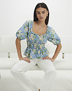 Blue Floral Print Puff Sleeve Shirred Top